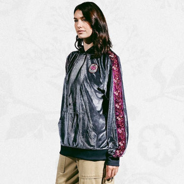 Sweat à capuche gris en velours rose