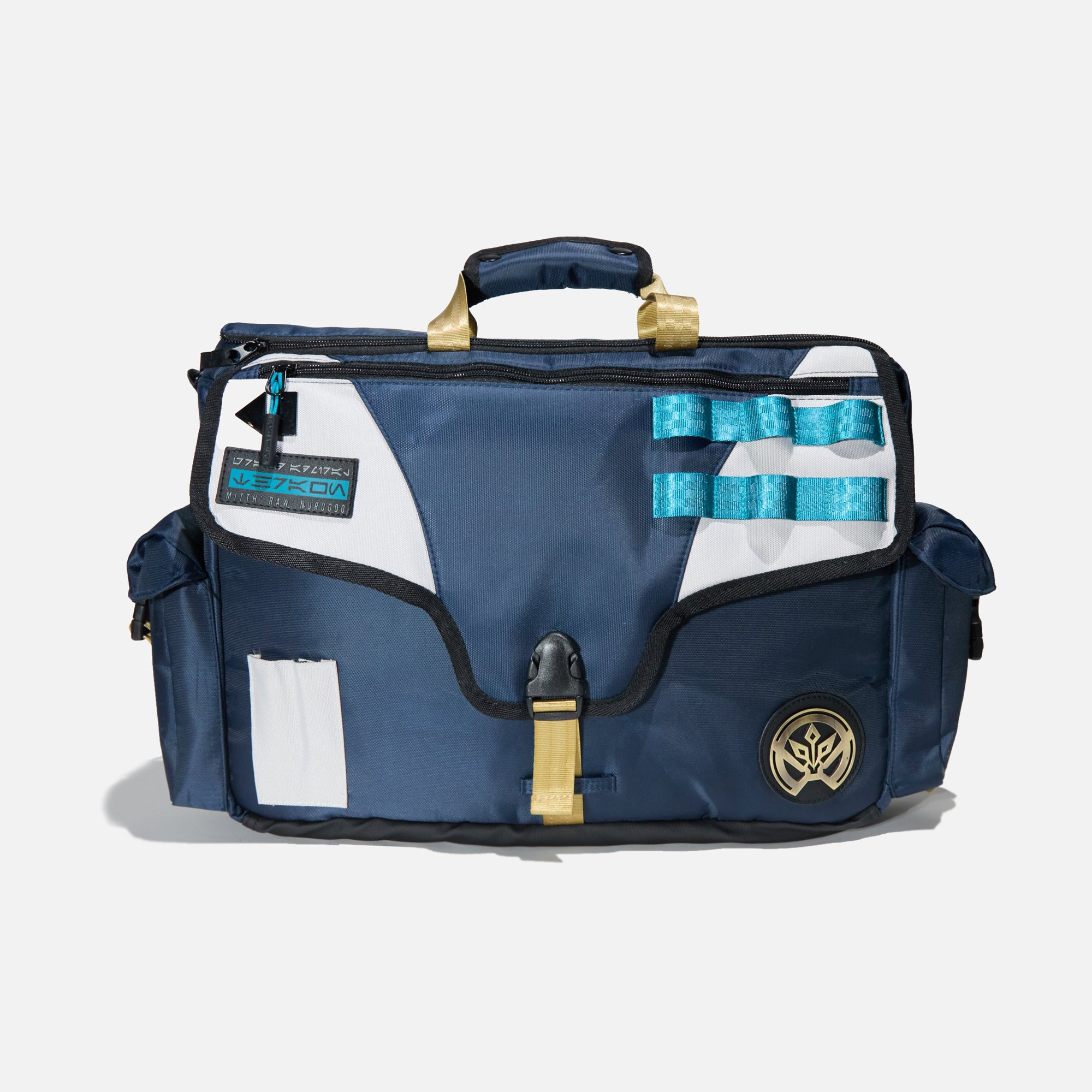 Front view of the Heroes & Villains Thrawn Bike Messenger Bag in navy and white, featuring teal and yellow accents, a tactical design, and the Star Wars Grand Admiral Thrawn insignia on the front