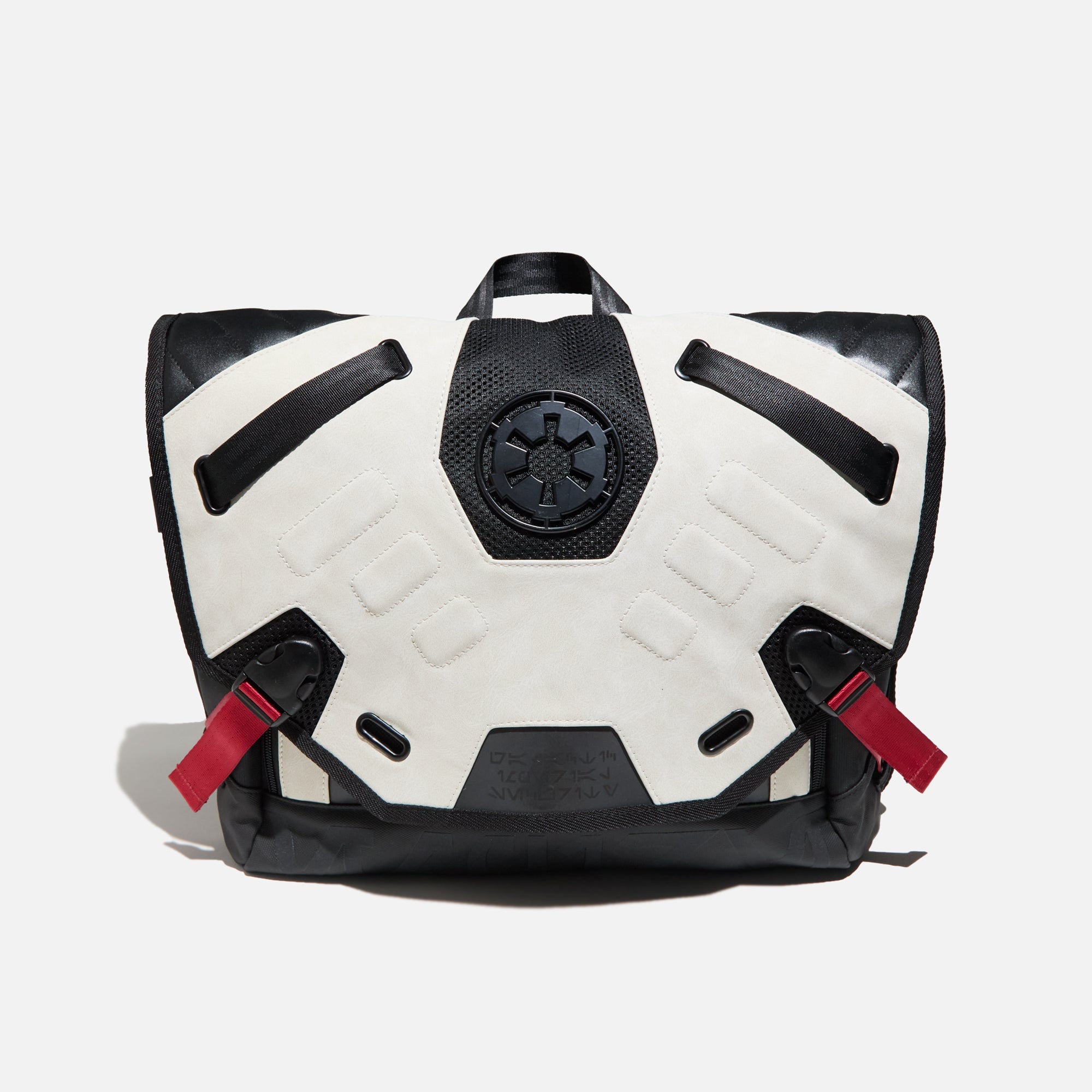 Heroes & Villains Star Wars Imperial Army Bike Messenger Bag with a white and black design, featuring the Galactic Empire emblem, red strap accents, and a sleek, modern finish.