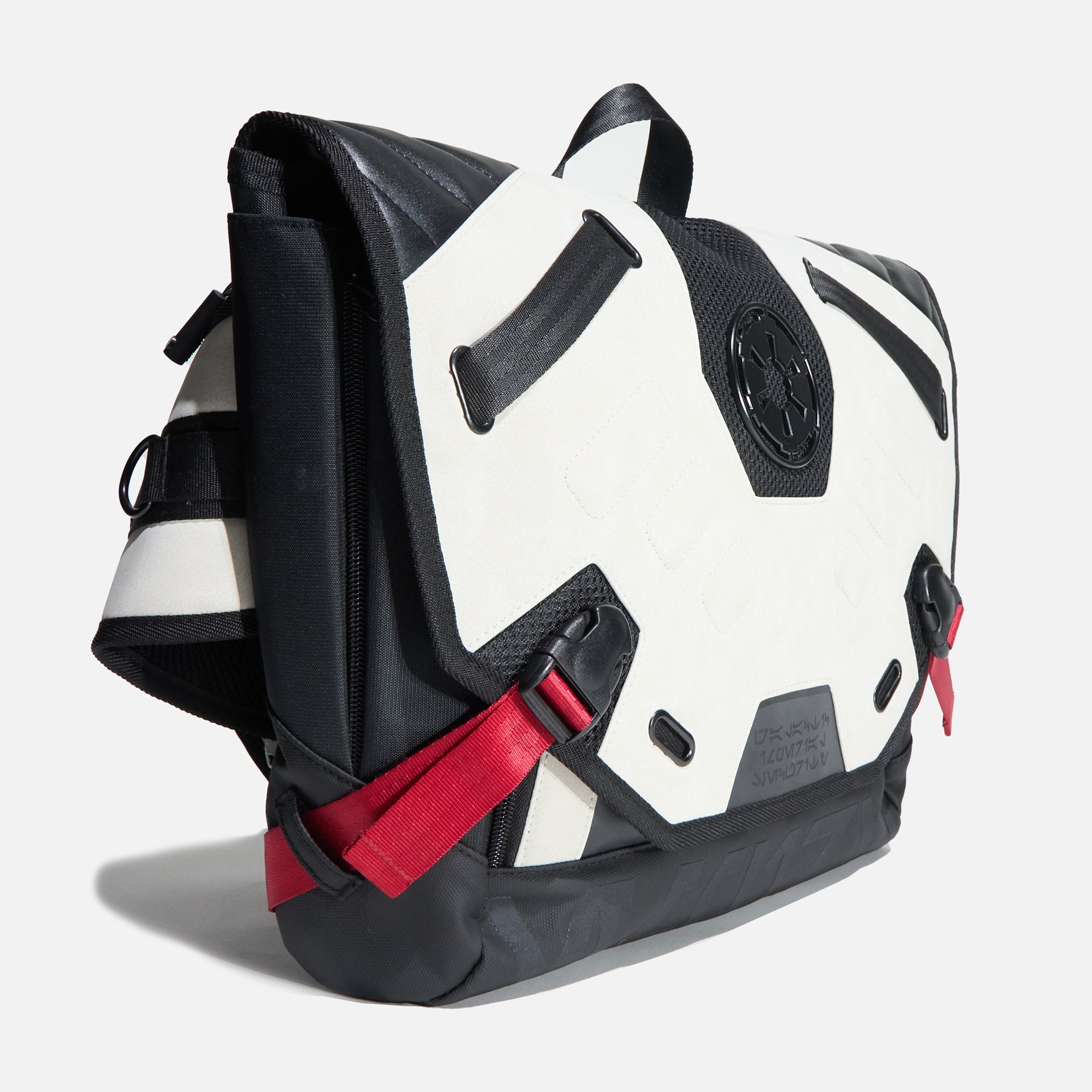 Right side of the Heroes & Villains Star Wars Imperial Army Bike Messenger Bag with a white and black design, featuring the Galactic Empire emblem, red strap accents, and a sleek, modern finish.