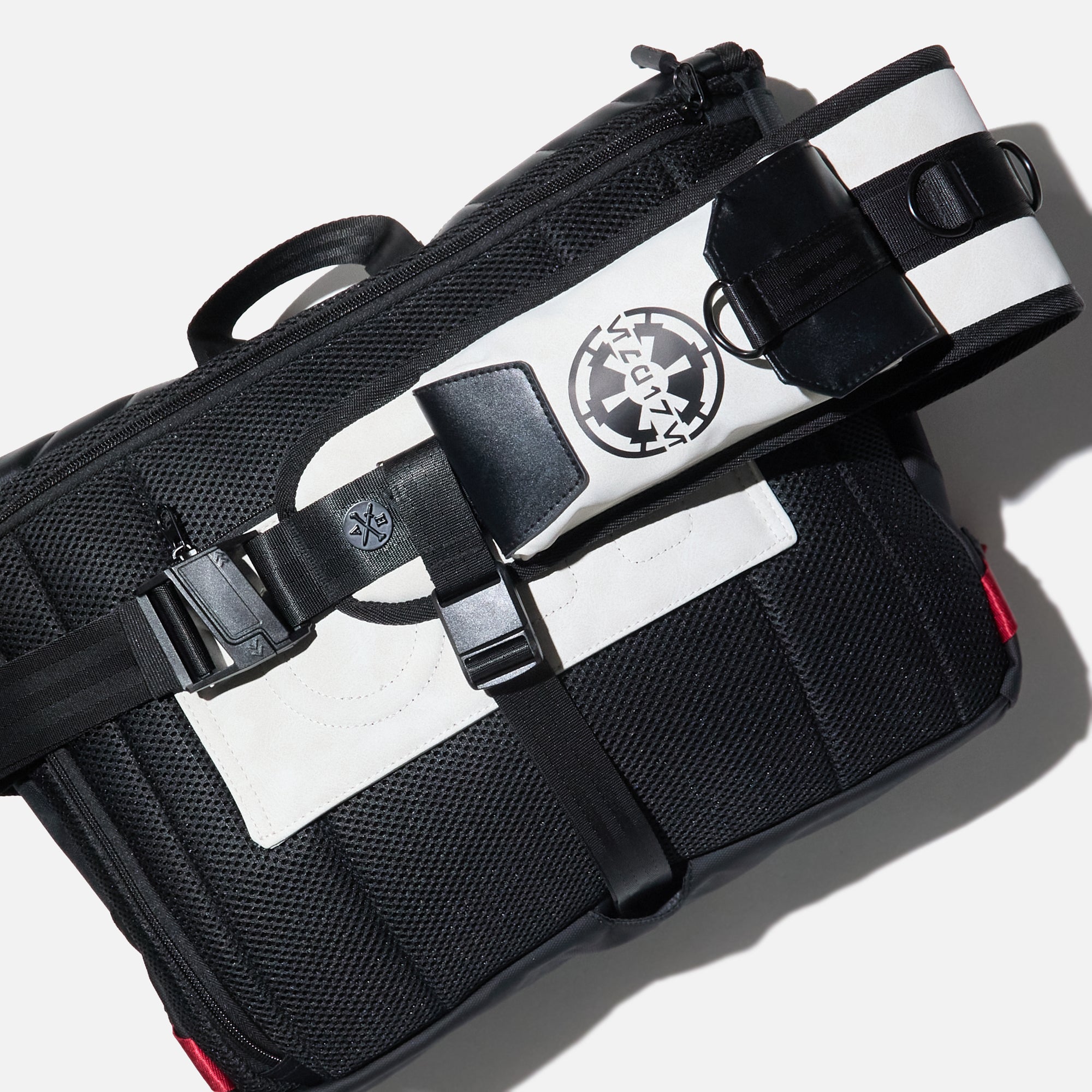 Close up of the shoulder strap and pocket of the Heroes & Villains Star Wars Imperial Army Bike Messenger Bag 