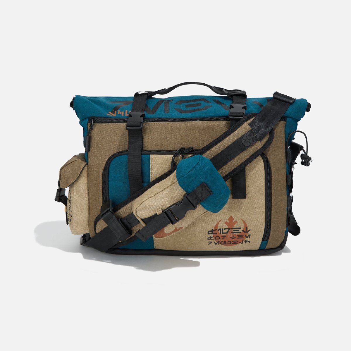 Heroes & Villains Rebel Teal Commuter Bag in teal and tan with Rebel Alliance symbols, front zipper pocket, and adjustable straps for functional, Star Wars-inspired style.