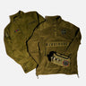 Olive green deadpool jackets with various patches on a white background
