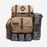 Beige and brown backpack with patterned side panels on a white background
