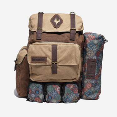 Beige and brown backpack with patterned side panels on a white background