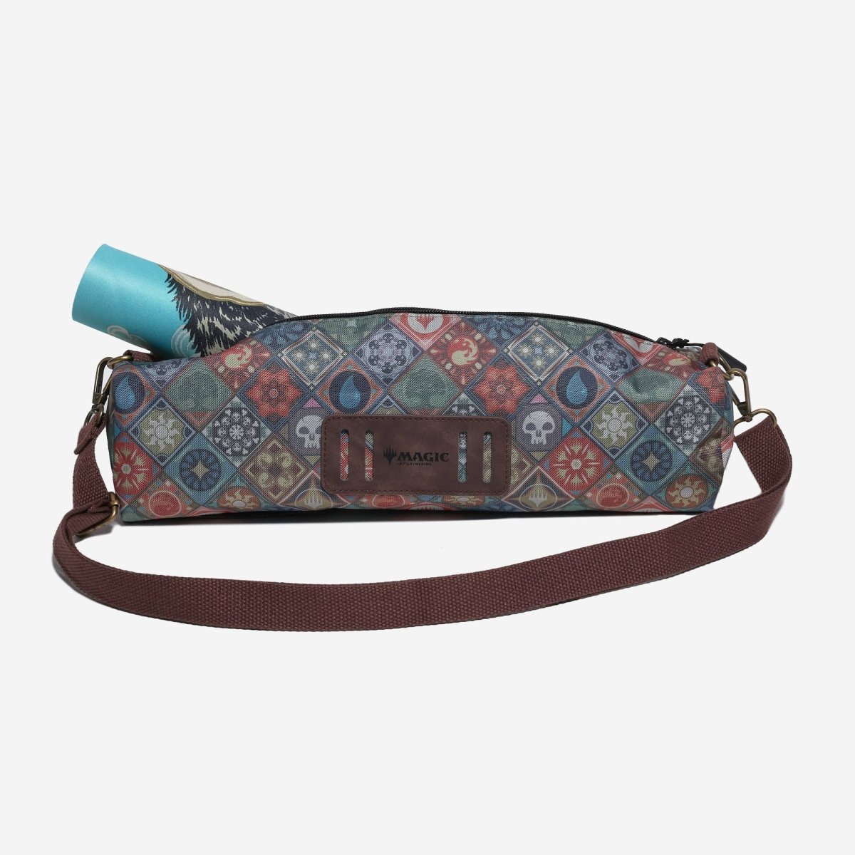 Patterned bag with a brown strap on a white background