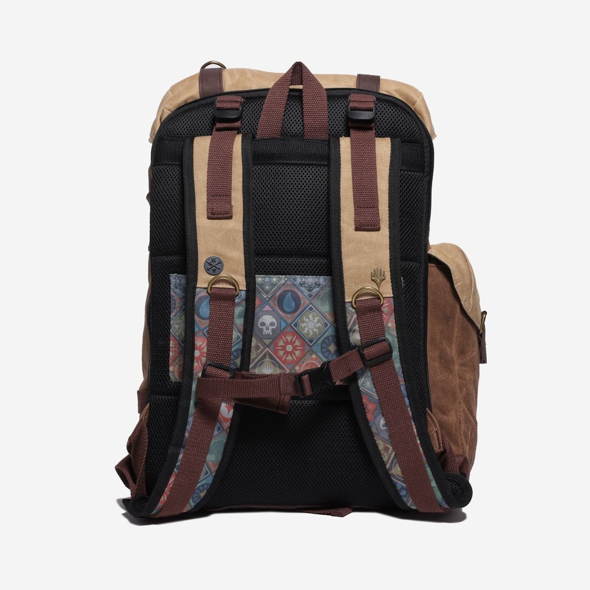 Backpack with decorative straps on a white background