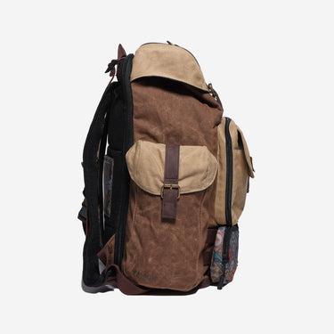 Brown and beige backpack on a white background