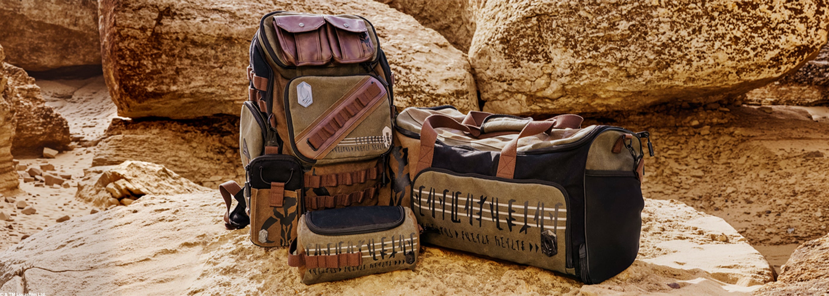 Star Wars The Mandalorian Travel Bag collection featured on an outdoor rocky surface