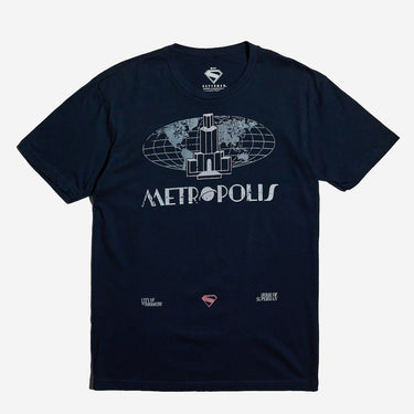 Navy T-Shirt showing a vintage style skyline, The tee says  "Metropolis" with a vintage text