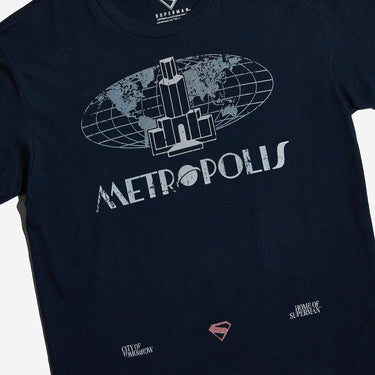 Navy T-Shirt showing a vintage style skyline, The tee says  "Metropolis" with a vintage text