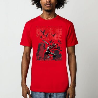 Man in a Red T-shirt with Miles Morales swinging through New York and the text "Protector of New York."
