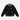 The photo shows a black jacket. The jacket features a green & beige striped cuff on the neckline, the wrists and the hem. The Jacket is a snap button closure. There is 2 pockets, embroidered text on the left chest and a patch on the right patch. 