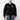 The photo shows a man in a black varsity jacket. The jacket features a green & beige striped cuff on the neckline, the wrists and the hem. The Jacket is a snap button closure. There is 2 pockets, embroidered text on the left chest and a patch on the right patch. 
