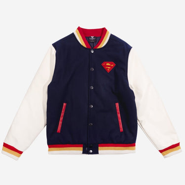 Navy and white Superman varsity jacket with Superman logo on a white background