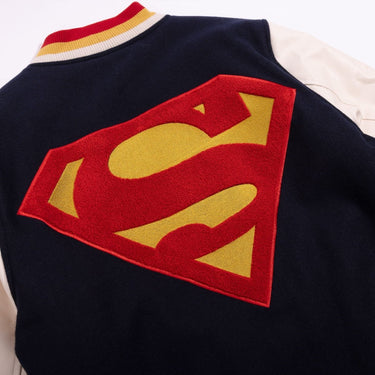 Superman logo on a Navy varsity jacket with red, yellow, and white colors.