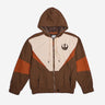 A Star Wars-themed hooded windbreaker jacket featuring a Rebel Alliance emblem on the left chest. The jacket has a color-blocked design in brown, beige, and orange, with a front zipper, adjustable drawstrings on the hood, elastic cuffs, and two zippered pockets. The overall aesthetic is inspired by the Rebel pilot uniforms from the Star Wars universe