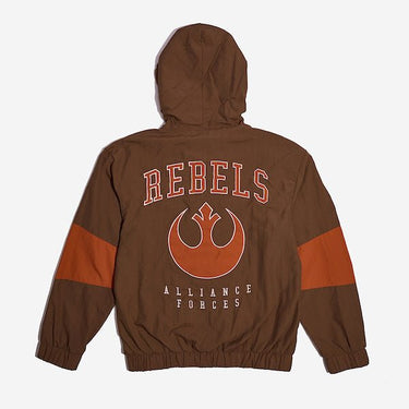The back of a Star Wars-themed hooded windbreaker jacket, primarily brown with orange accents. The design features large, bold text reading 'REBELS' across the upper back, with the Rebel Alliance emblem in orange below it. Beneath the emblem, the words 'ALLIANCE FORCES' are printed in a smaller font. The jacket has an elastic waistband and cuffs, with a color-blocked pattern matching the front design.