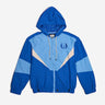A Star Wars-themed hooded windbreaker jacket featuring a Jedi Knights emblem on the left chest. The jacket has a color-blocked design in Blue, Light Blue and White, with a front zipper, adjustable drawstrings on the hood, elastic cuffs, and two zippered pockets. 