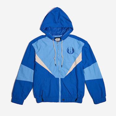 A Star Wars-themed hooded windbreaker jacket featuring a Jedi Knights emblem on the left chest. The jacket has a color-blocked design in Blue, Light Blue and White, with a front zipper, adjustable drawstrings on the hood, elastic cuffs, and two zippered pockets. 