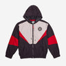 A Star Wars-themed hooded windbreaker jacket featuring a Imperial Army emblem on the left chest. The jacket has a color-blocked design in Black, White and Red, with a front zipper, adjustable drawstrings on the hood, elastic cuffs, and two zippered pockets. 