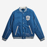 Blue x-men varsity jacket with white accents and a crest on a white background