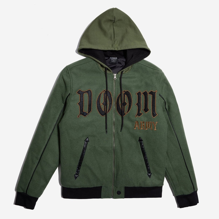 Doctor Doom Army Hooded Varsity Jacket — Heroes & Villains · varsity
