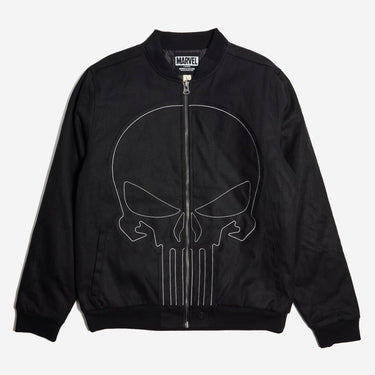 The Punisher Themed Zip Up Bomber Jacket with Black Monochromatic patch and contrast white stitching