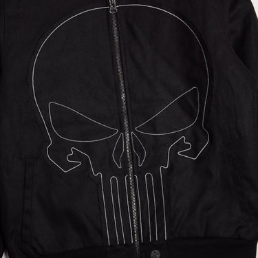 The Punisher Themed Zip Up Bomber Jacket with Black Monochromatic patch and contrast white stitching