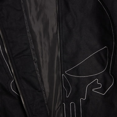 Close up of The Punisher Themed Zip Up Bomber Jacket with Black Monochromatic patch and contrast white stitching