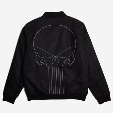 The Punisher Themed Zip Up Bomber Jacket with Black Monochromatic patch and contrast white stitching