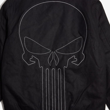 Back of The The Punisher Themed Zip Up Bomber Jacket with Black Monochromatic patch and contrast white stitching