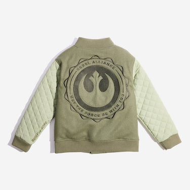 The back of an olive green varsity-style jacket with quilted light green sleeves. The body of the jacket is made of a soft, solid fabric, while the sleeves have a diamond-quilted pattern. It features a ribbed collar, cuffs, and hem. There is a large circular embroidery featuring the Star Wars Rebel emblem. There is text  that says "Rebel Alliance" at the top and "May the force be with you" at the bottom in a circular shape around the rebel emblem.