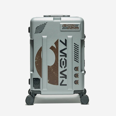 Gray suitcase with Rebel logo on a white background