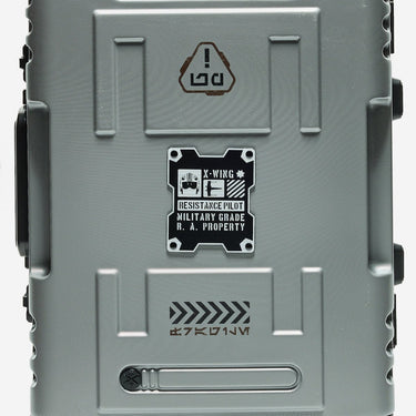Gray Suitcase with Star Wars X-Wing branding and text on a white background