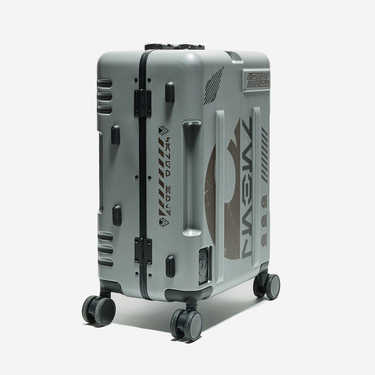 Gray suitcase with Star Wars Rebel logo on a white background