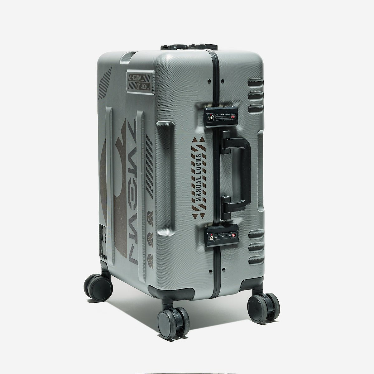 Gray suitcase with black accents on a white background
