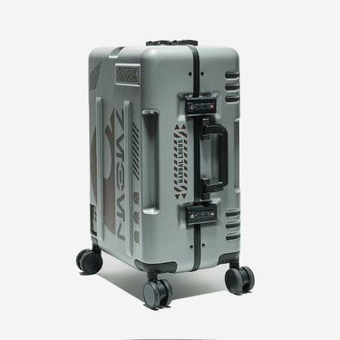 Gray suitcase with black accents on a white background