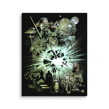 Collage of Star Wars characters and scenes with a central explosion effect on a black background.