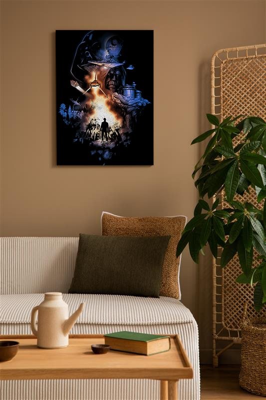 Canvas print of a movie poster on a wall above a sofa with a plant and wooden table.