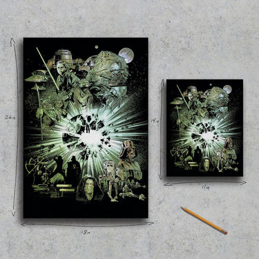 Two canvas artworks on a textured background to show size comparison