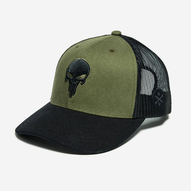 Marvel The Punisher Themed Trucker Hat with Black Mesh, Bill and Skull logo with 2 Green panels at the front
