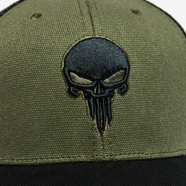 Marvel The Punisher Themed Trucker Hat with Black Mesh, Bill and Skull logo with 2 Green panels at the front
