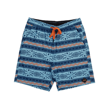 Ahsoka Board Shorts with blue tribal print, orange drawstring, water-repellent quick-dry fabric, and side pockets.