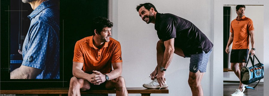 Collage of a man in an orange star wars shirt sitting, another adjusting his shoe, and a third standing with a bag.
