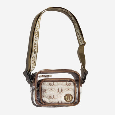 Clear star wars crossbody bag with brown strap and patterned front pocket on a white background