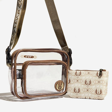 Clear star wars themed crossbody bag with brown accents and a matching pouch on a white background