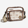 Clear crossbody bag with geometric pattern and Jedi emblem on a white background