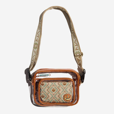 Crossbody bag with Star Wars patterned strap and clear front pocket on a white background