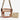 Clear crossbody bag with brown accents and a matching pouch on a white background